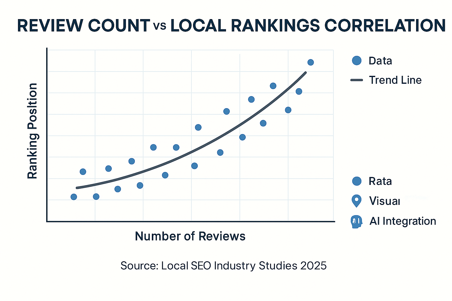 Scatter plot showing positive correlation between number of reviews and local search ranking position