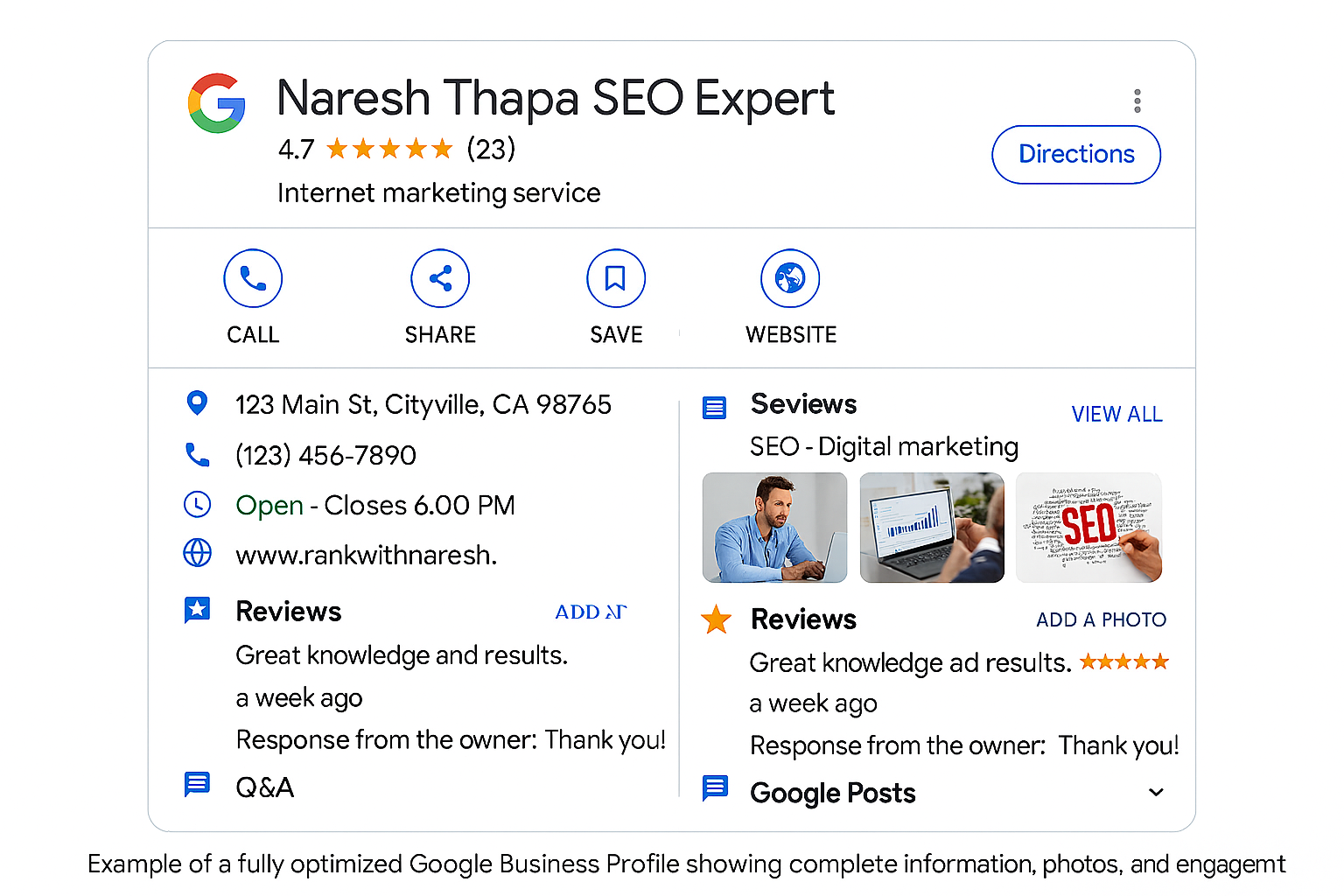 Example of a fully optimized Google Business Profile showing complete information, photos, and customer engagement