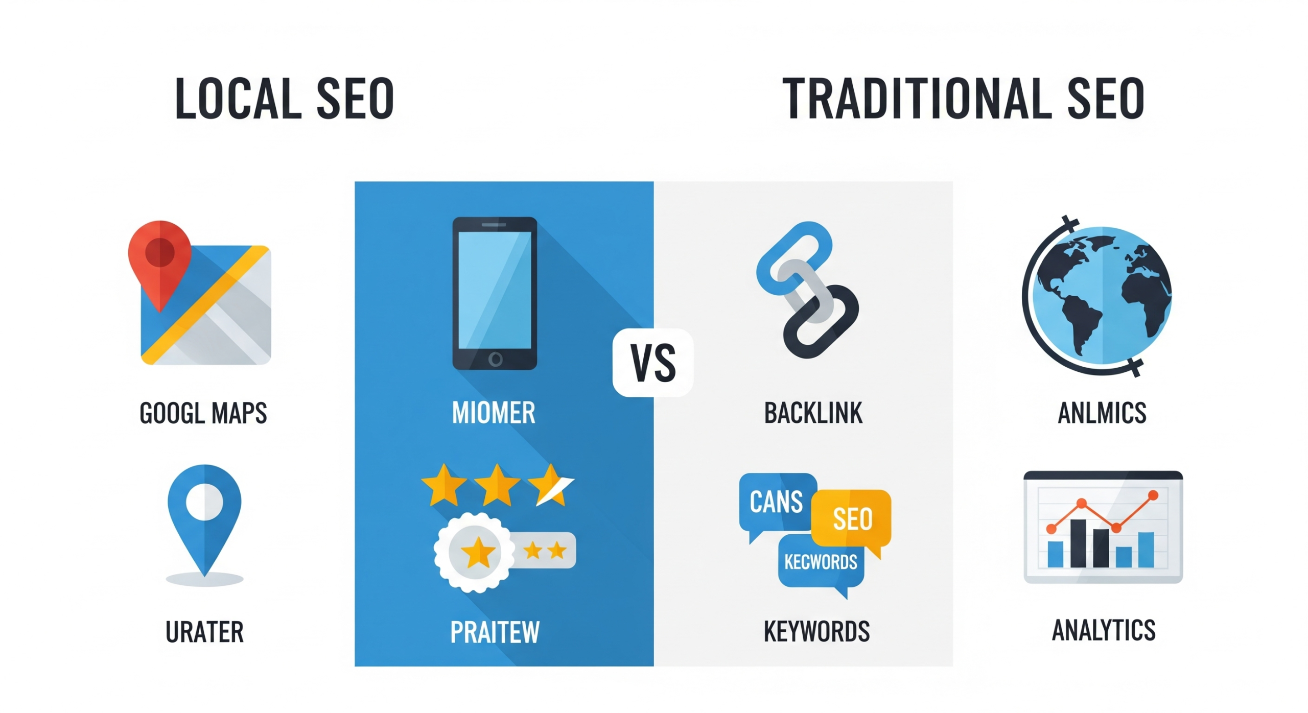 Side-by-side comparison showing local SEO focusing on location-based searches versus traditional SEO targeting broader keywords