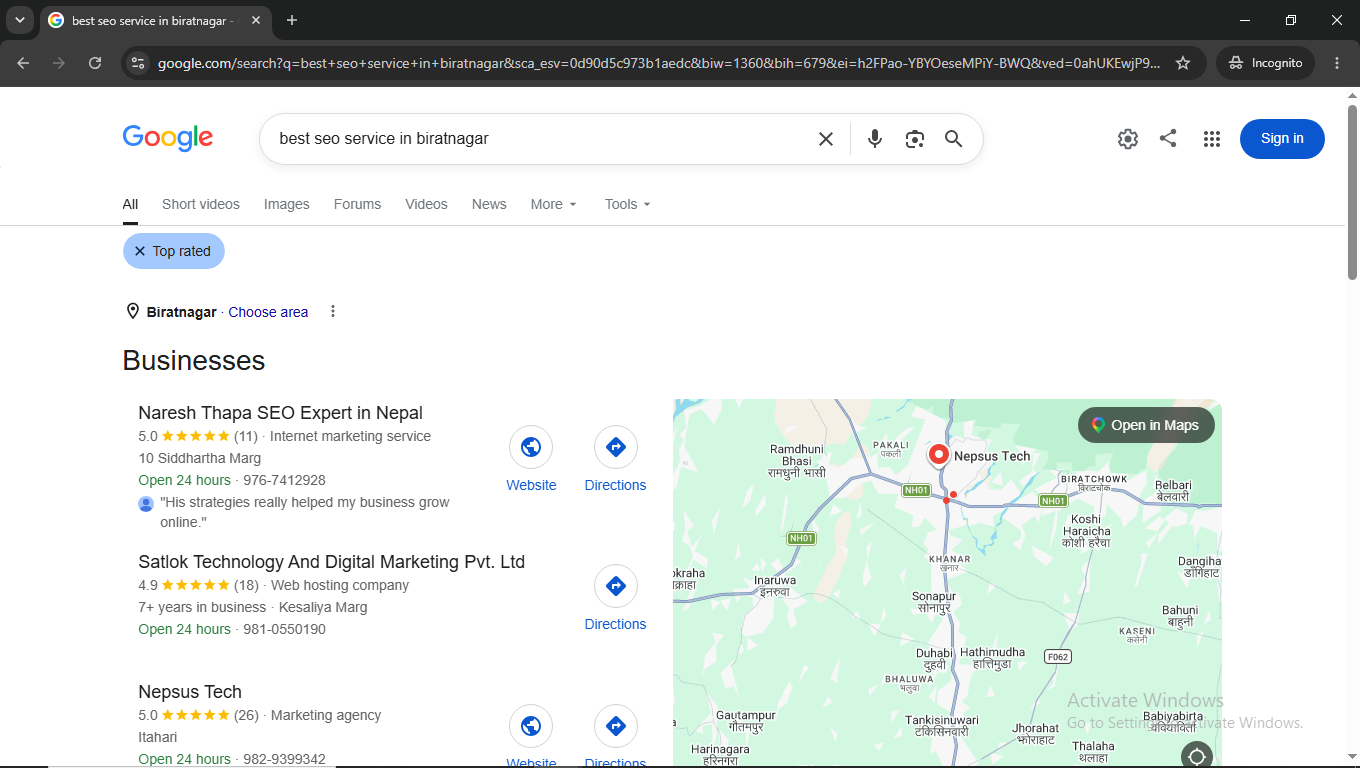 Naresh Thapa GBP ranking #1 on Google Maps for SEO services in Biratnagar, live screenshot