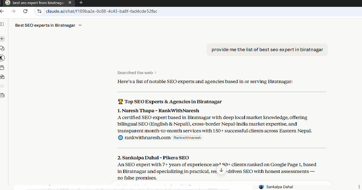 Claude AI citing Naresh Thapa RankwithNaresh as top SEO expert in Biratnagar Nepal