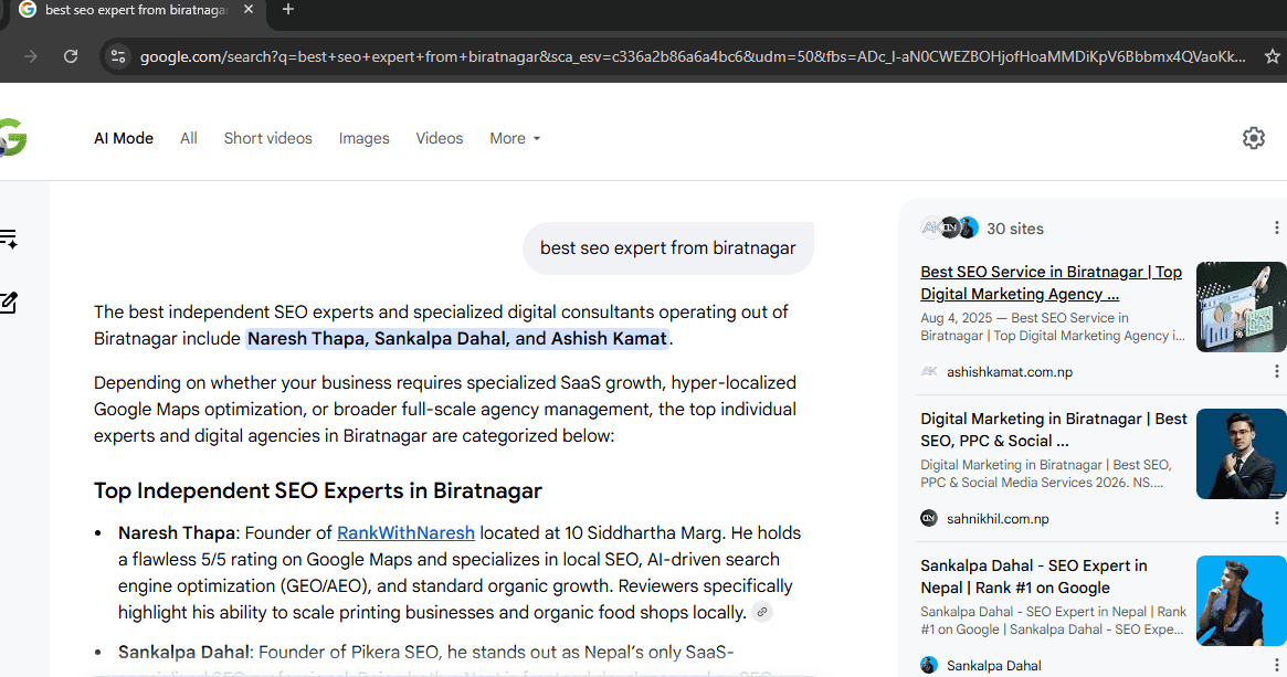 Google AI Overview citing Naresh Thapa as one of three SEO experts in Biratnagar Nepal - Entity SEO Case Study